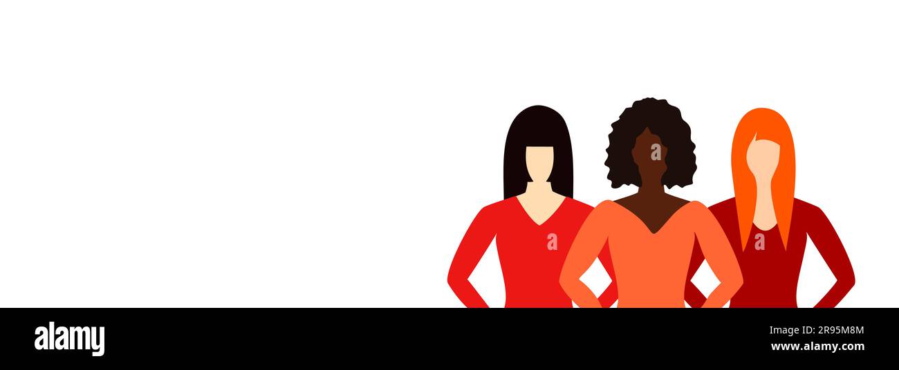 Tre donne di pelle, capelli e vestiti diversi si stagliano insieme su uno sfondo bianco con spazio per la copia. Il concetto di amicizia delle donne e di movimento Illustrazione Vettoriale