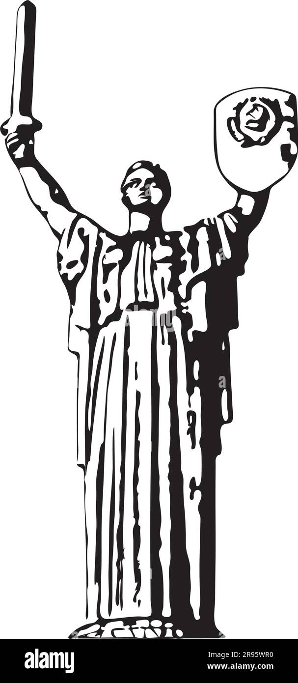 Potere monumentale: Illustrazione della statua della madre di Kiev, simbolo di forza e patriottismo - stencil bianco e nero - vettore Illustrazione Vettoriale