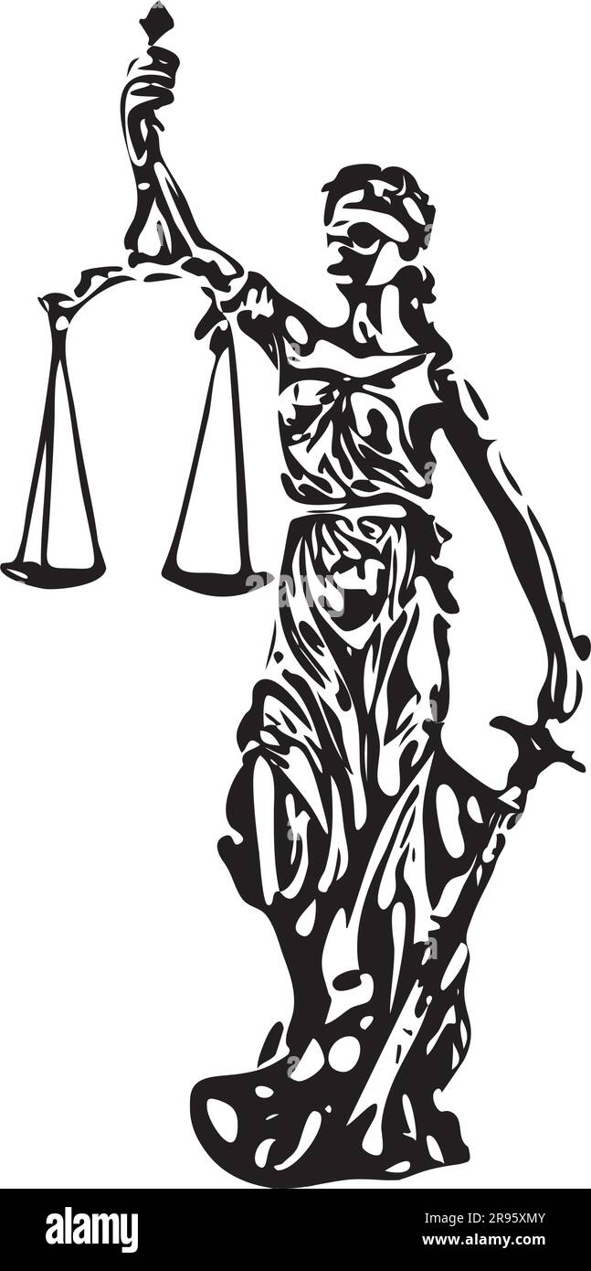 Schizzo in bianco e nero di Lady Justice bendata con scale e Spada - stile stencil vettoriale Illustrazione Vettoriale