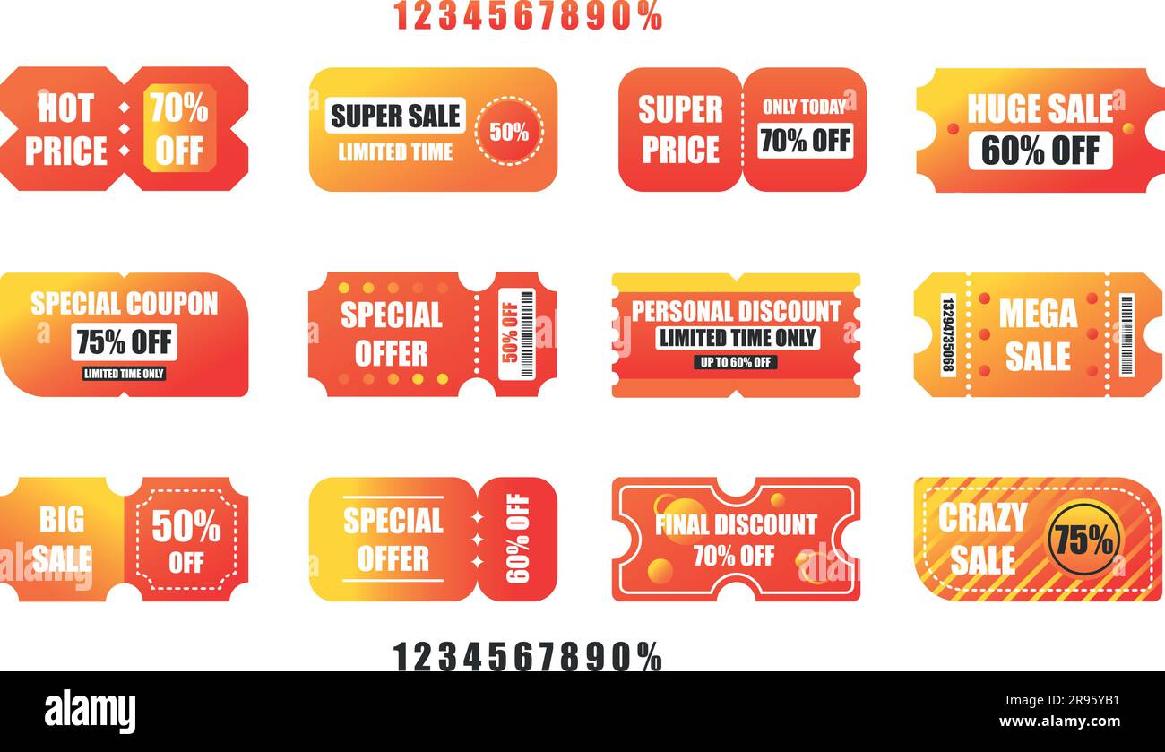 Serie di buoni sconto con numeri modificabili in rosso e giallo. Immagine vettoriale. Illustrazione Vettoriale
