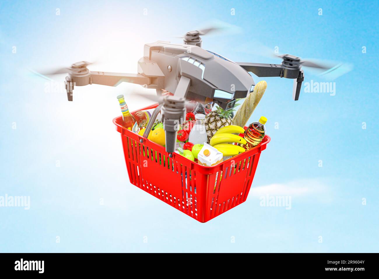 Drone di consegna con carrello pieno di prodotti alimentari grossery sullo sfondo della città. illustrazione 3d Foto Stock