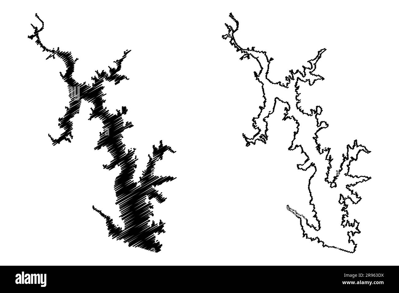 Lago Falcon International Reservoir (Stati Uniti d'America, Nord America, Stati Uniti, Stati uniti, Texas, Stati Uniti messicani) illustrazione del vettore della mappa, scribble Illustrazione Vettoriale