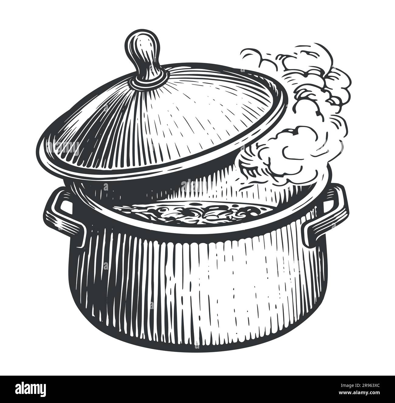 Vaso in metallo con parte superiore. Concetto di cucina. Illustrazione vettoriale disegnata a mano Illustrazione Vettoriale