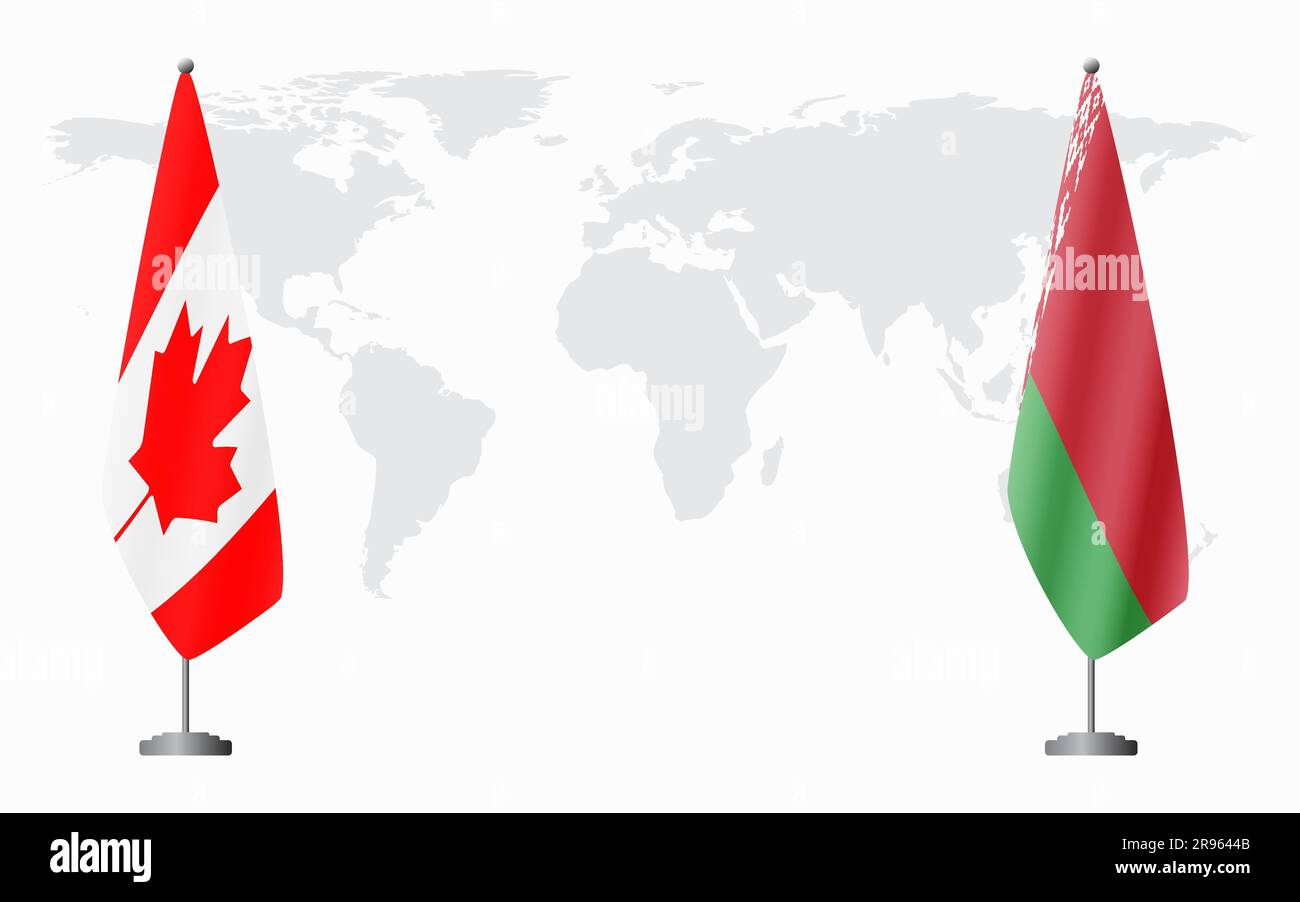 Bandiere del Canada e bielorusse per riunioni ufficiali sullo sfondo della mappa mondiale. Illustrazione Vettoriale