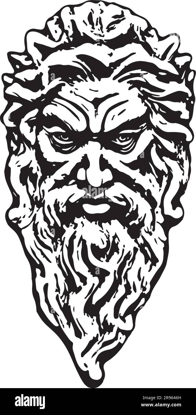 Majestic Power: Illustrazione di Zeus, il potente Dio greco in bianco e nero - Stencil Vector Illustrazione Vettoriale