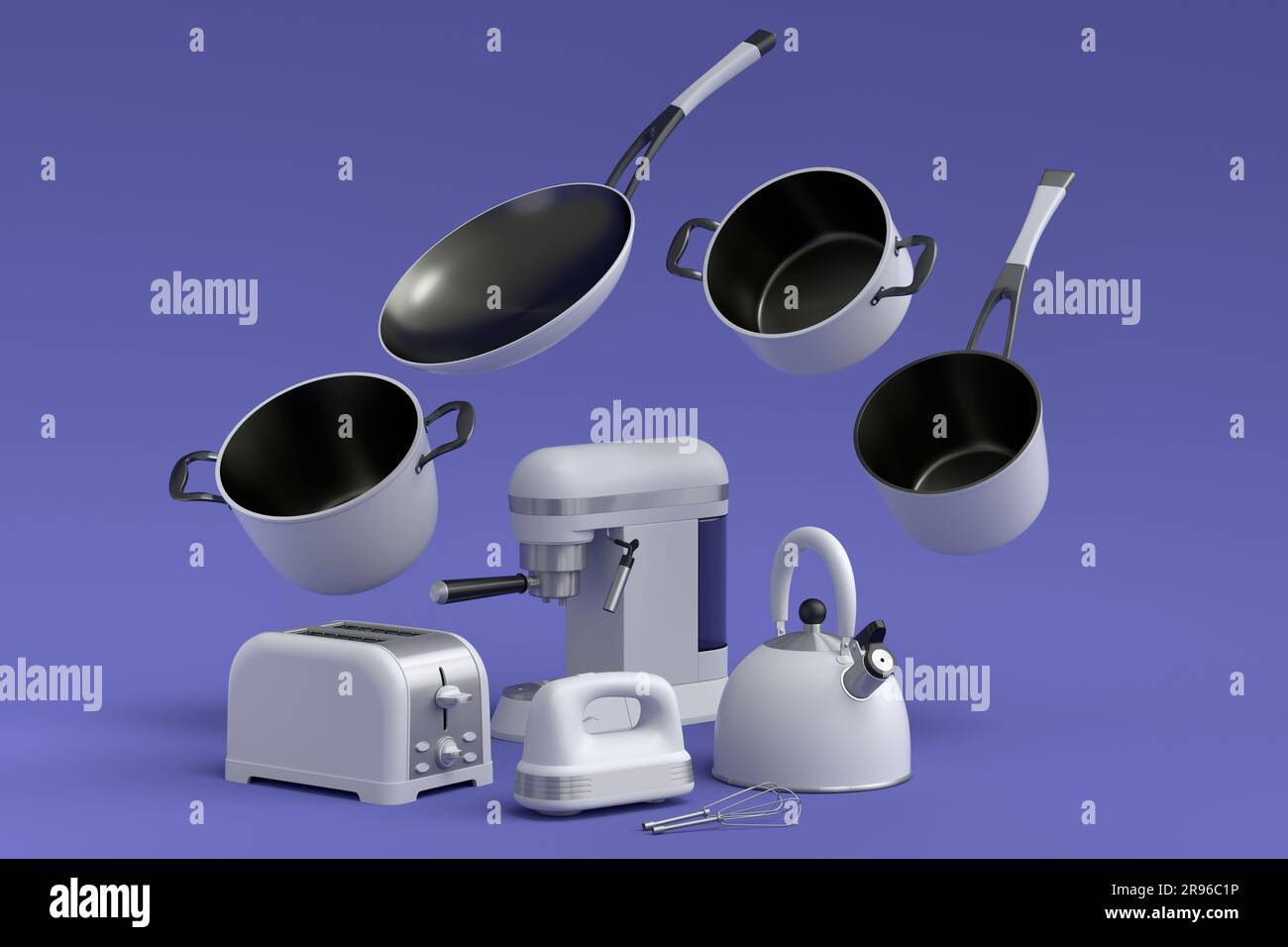 Macchina per caffè espresso, mixer manuale, bollitore e tostapane per preparare la colazione su sfondo viola. 3d render di caffettiera per preparare il caffè latte Foto Stock