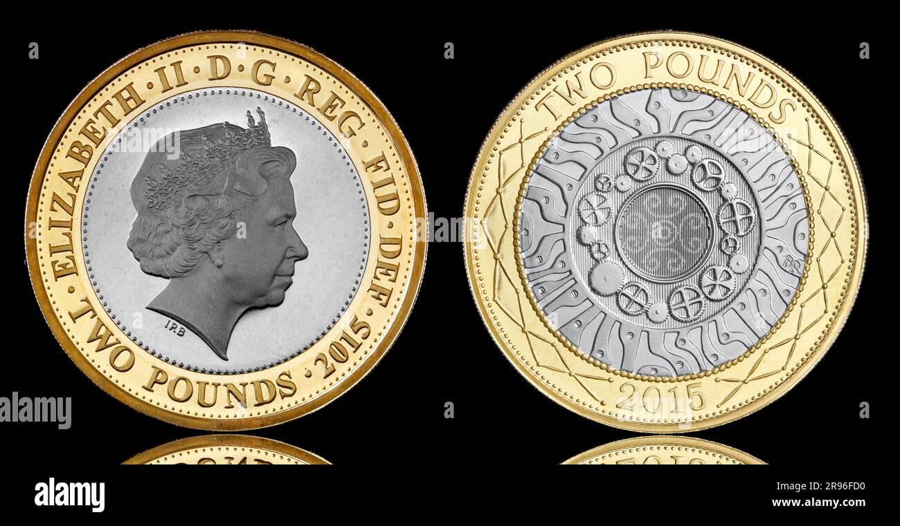 Moneta non circolata da 2015 £ emessa nel Regno Unito con il disegno della tecnologia del 1997 sul retro di Bruce Rushin e il 4th QEII ritratto di Ian Rank Broadley Foto Stock
