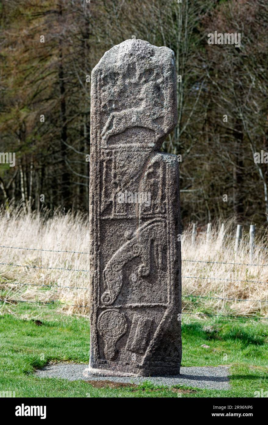La pietra della Maiden. Pitta IX secolo ca lastra di croce cristiana. Faccia est, vicino alla Cappella di Garioch, regione di Grampian, Scozia Foto Stock