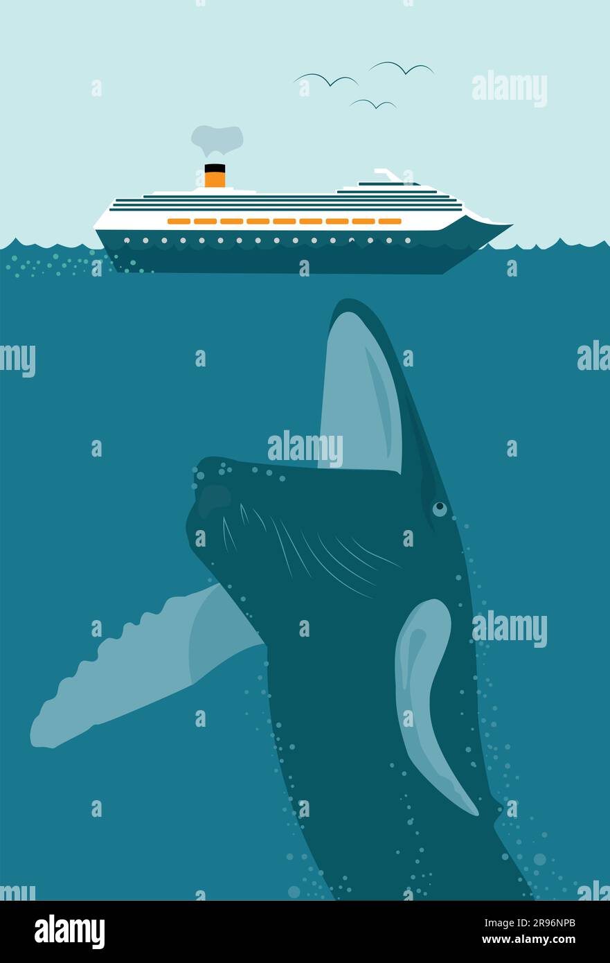 Big Whale, Fish Will Engulf, Swallow e Eat Small Cruise Ship come Predator e Prey in the Ocean Illustrazione Vettoriale