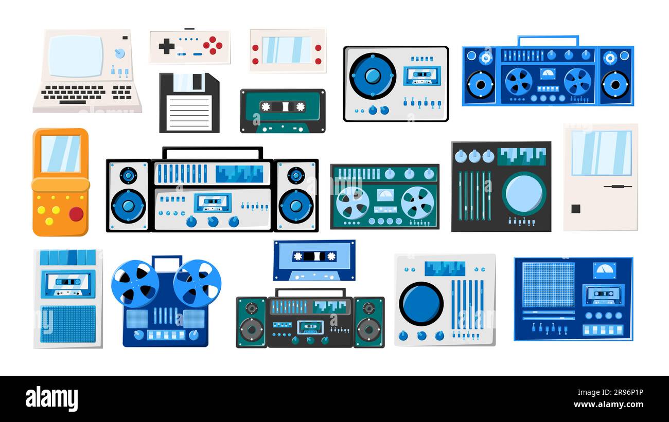 Set di elettronica tecnica hipster retro vintage: Registratore di cassette audio, computer, console di gioco per videogiochi degli anni '70s, 80s, 90s. VECTO Illustrazione Vettoriale