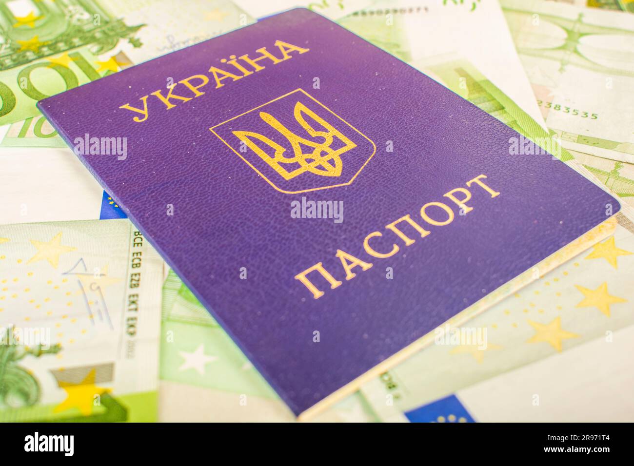 Passaporto ucraino sullo sfondo di conti in euro con un taglio di bollette verdi di 100 euro Foto Stock