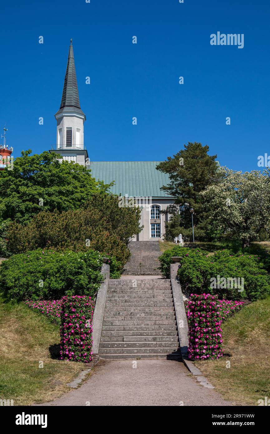 Scale che conducono ad una chiesa ad Hanko, Finlandia Foto Stock