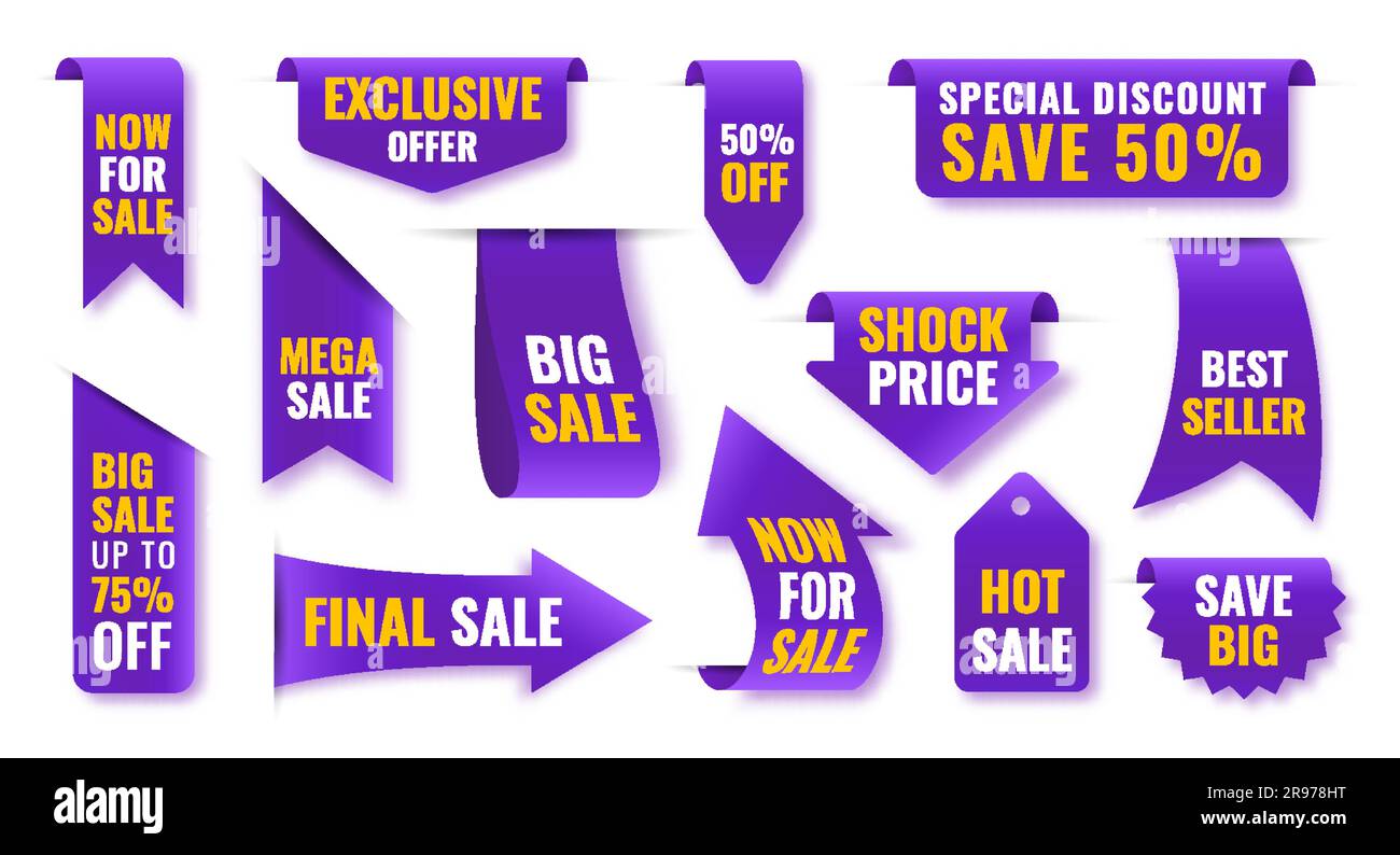 Banner viola Mega sale. Offerta speciale etichetta del prodotto a forma di freccia. Etichetta sconto viola prezzo d'urto. Risparmia il badge della grande barra multifunzione. Elementi di design promozionali per il mercato. Sconto del 50% sui pulsanti di acquisto sul sito Web Illustrazione Vettoriale