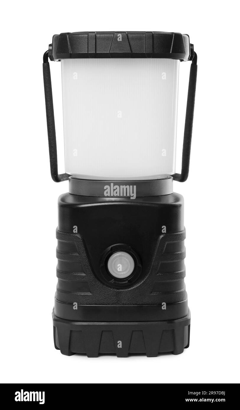 Lanterna da campeggio isolata su bianco. Attrezzature militari per la formazione Foto Stock