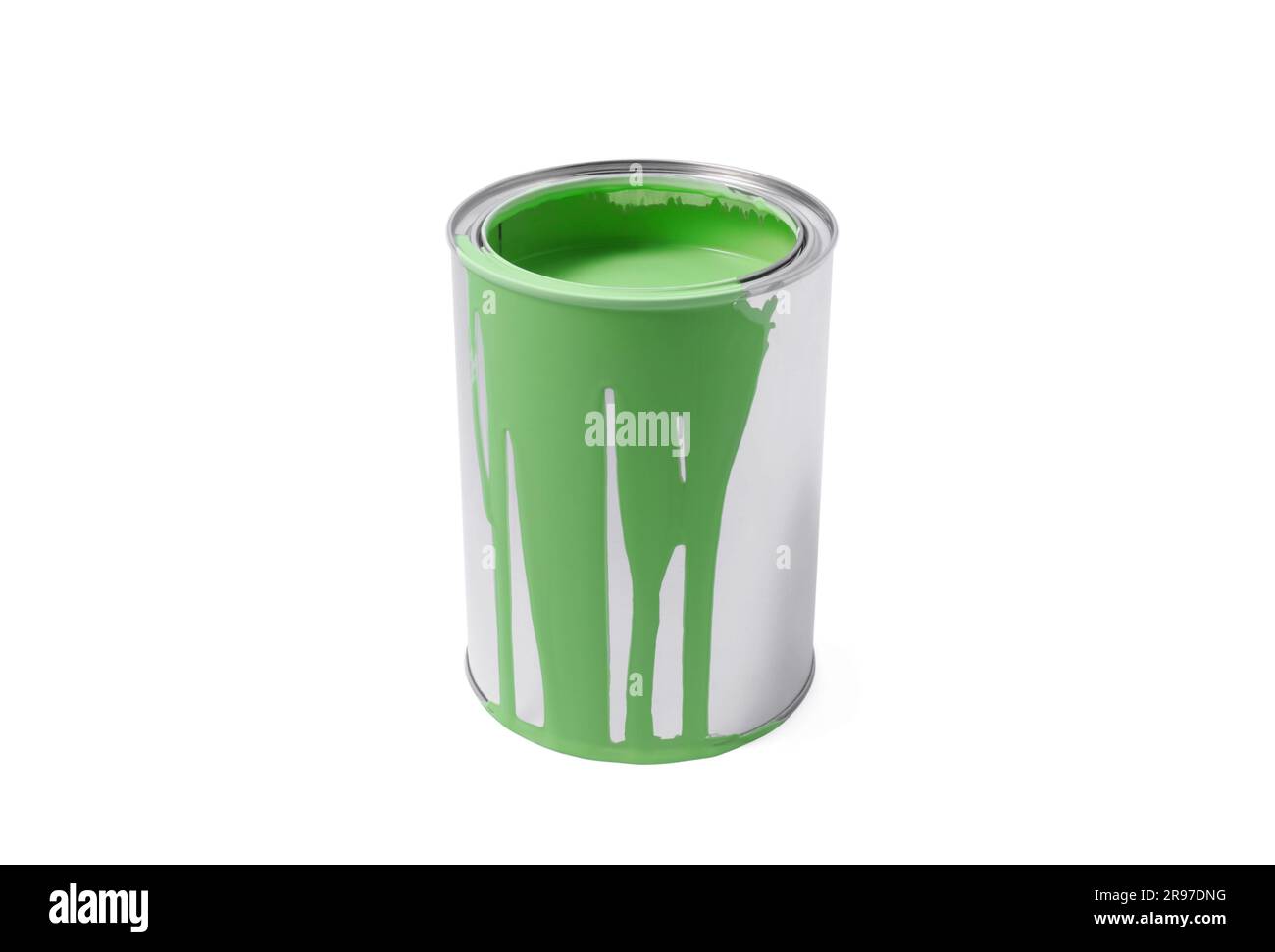 Lattina di vernice verde chiaro isolata su bianco Foto Stock