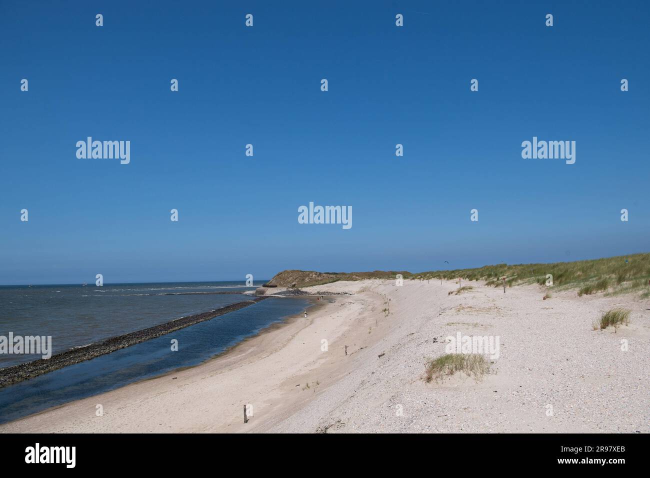 Spiekeroog, Germania. 21 giugno 2023. La duna protettiva nella parte occidentale dell'isola di Spiekeroog. Per la protezione dell'isola della Frisia orientale, i protettori costieri stanno progettando una vampata di sabbia quest'estate. (A dpa 'Sand Flushing Planned - Protective Dune on Spiekeroog will be reinforced') credito: Marco Rauch/dpa/Alamy Live News Foto Stock