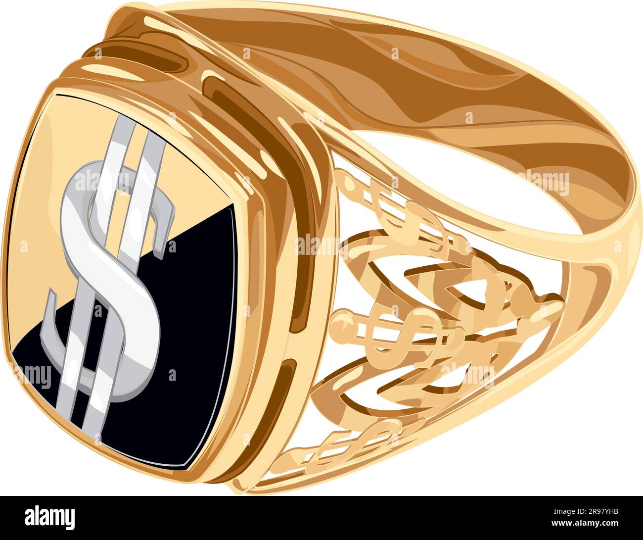 Immagine a colori del sigillo con simbolo del dollaro. Illustrazione vettoriale dell'anello con sigillo in oro rosso e bianco con onice con segno $. Anello d'oro maschile Illustrazione Vettoriale