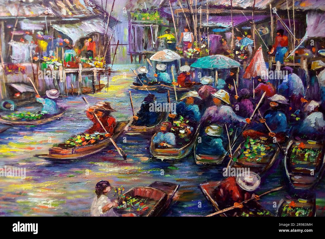 Arte pittura colore olio mercato galleggiante , campagna , stile di vita locale Foto Stock