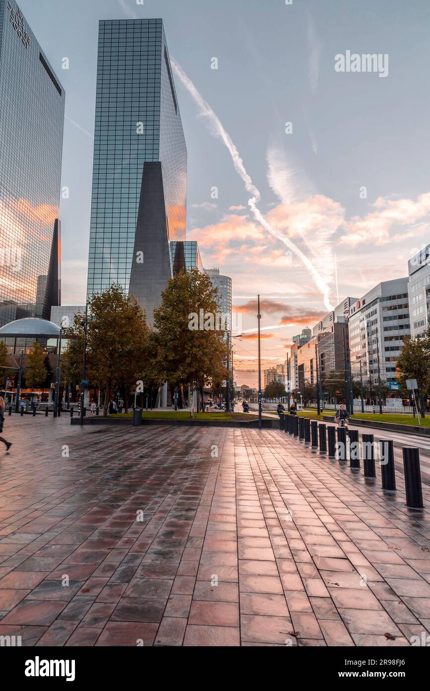 Rotterdam, Paesi Bassi - 7 ottobre 2021: Vista sulla strada e architettura moderna con torri aziendali nel centro di Rotterdam. Rotterdam è la seconda Foto Stock