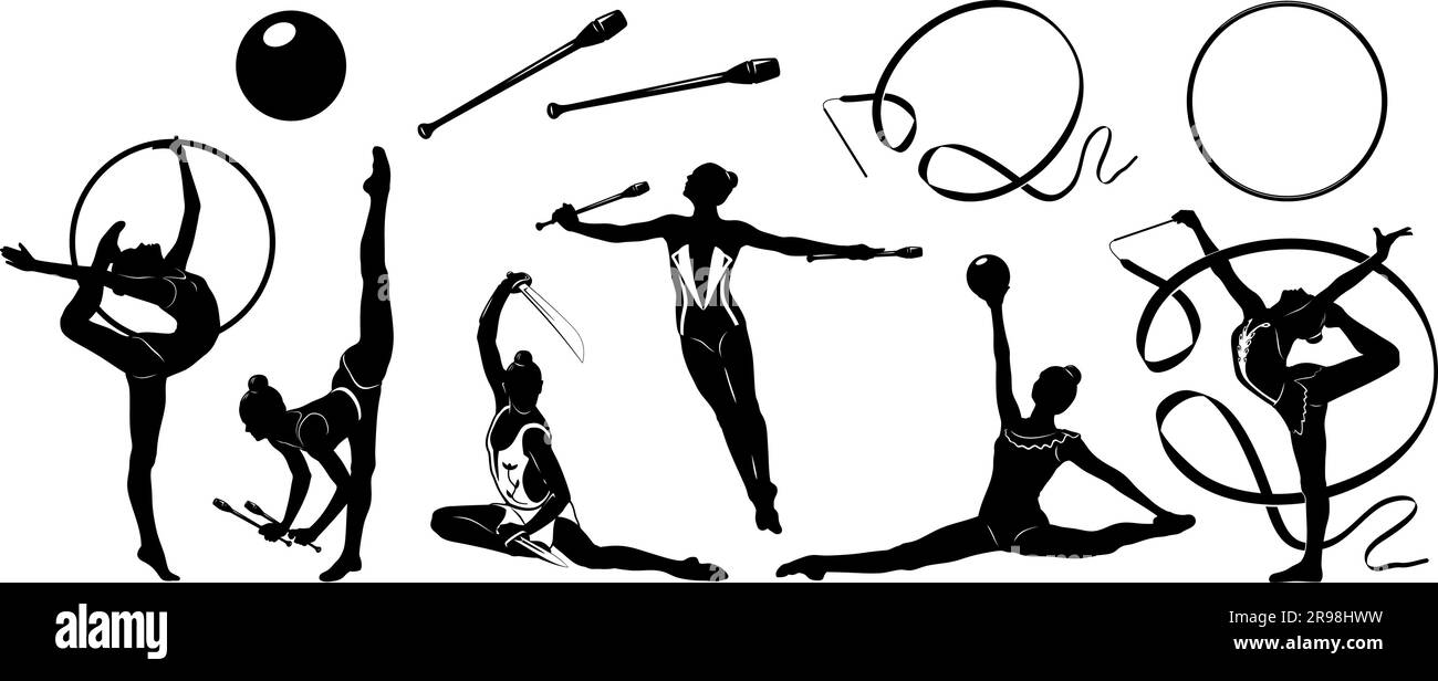 Silhouette per ginnastica ritmica isolate sul bianco. Figure femminili e attrezzature da ginnastica. Clipart vettoriali. Illustrazione Vettoriale