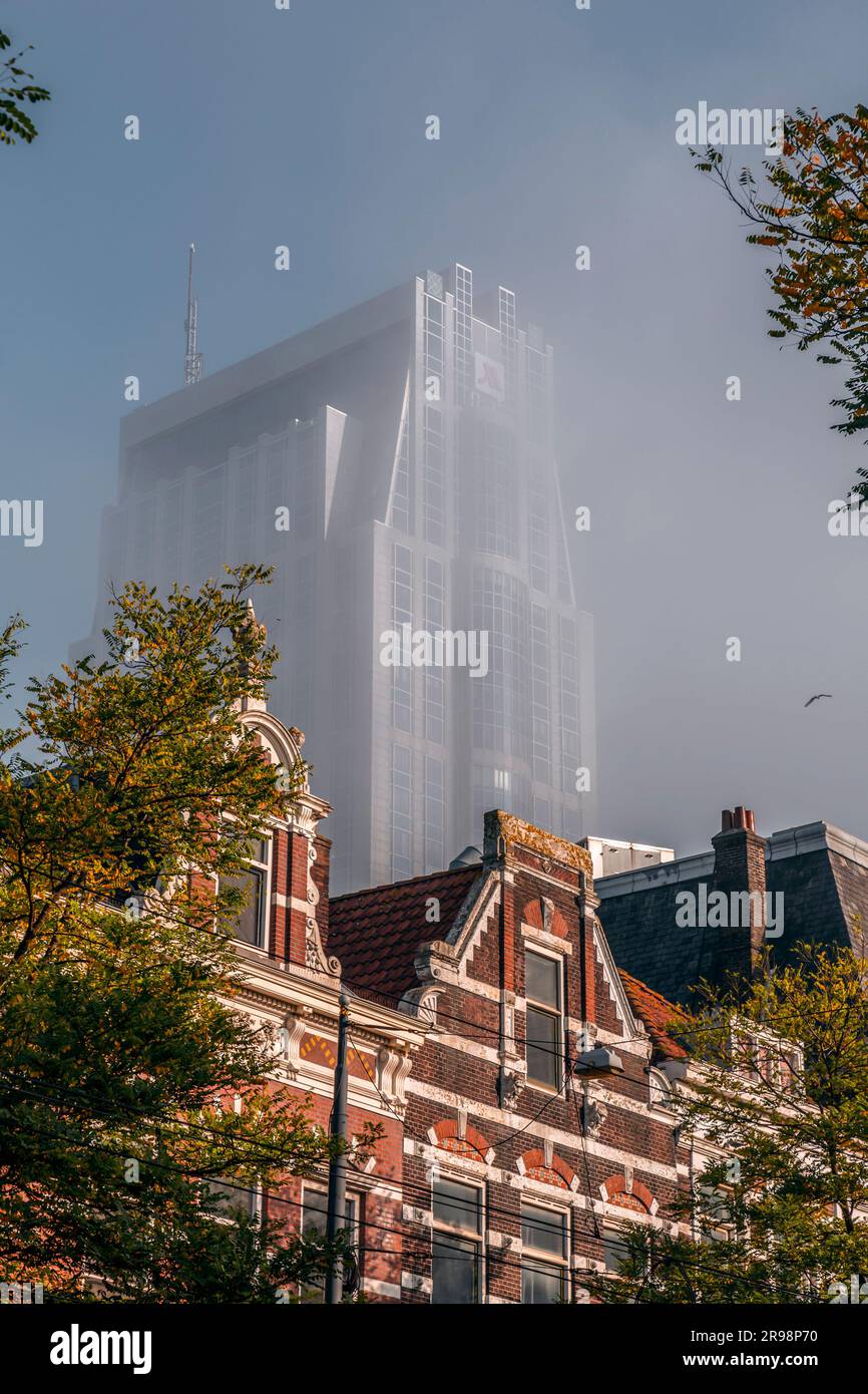 Rotterdam, Paesi Bassi - 7 ottobre 2021: Vista sulla strada e architettura moderna con torri aziendali nel centro di Rotterdam. Rotterdam è la seconda Foto Stock