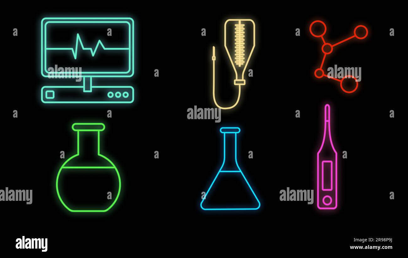 Set di luminosi e luminosi segni al neon medico multicolore per un negozio di farmacia o ospedale laboratorio scientifico bello lucido con icone della medicina obj Illustrazione Vettoriale