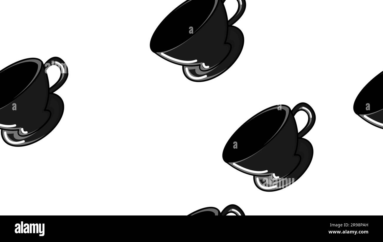 Modello senza cuciture di bicchieri ripetuti in bianco e nero e tazze in ceramica con caffè caldo veloce espresso americano robica arabica su un lato Illustrazione Vettoriale