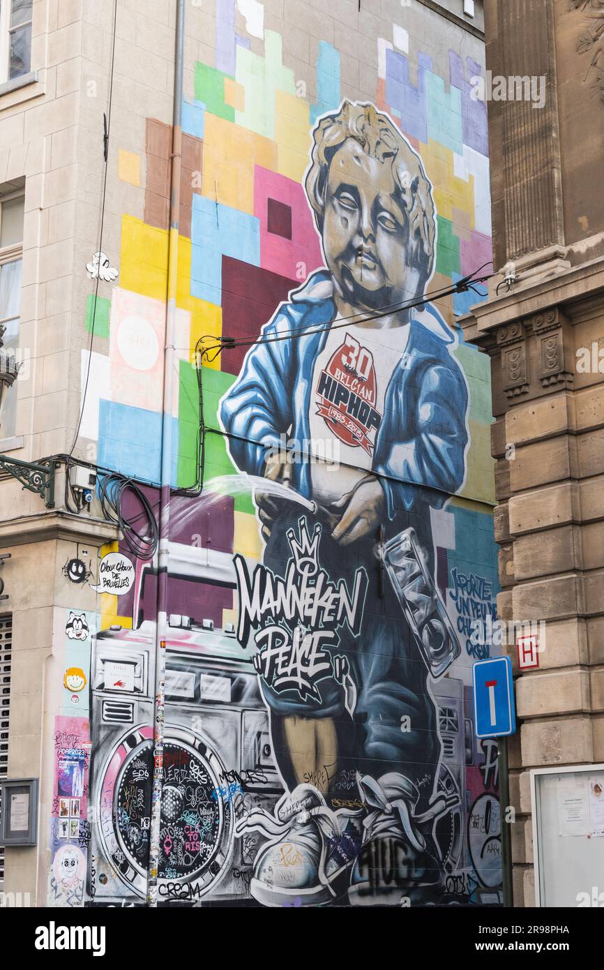 Murale dell'hip hop Manneken Pis, Bruxelles, Belgio Foto Stock