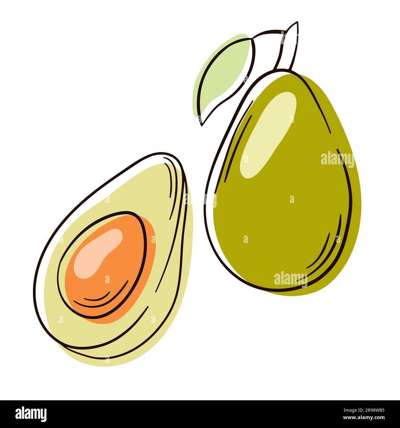 Intero e tagliato a metà avocado con buca. Icona della frutta di avocado. Avocado vettoriale disegnato a mano. Line art. Illustrazione Vettoriale