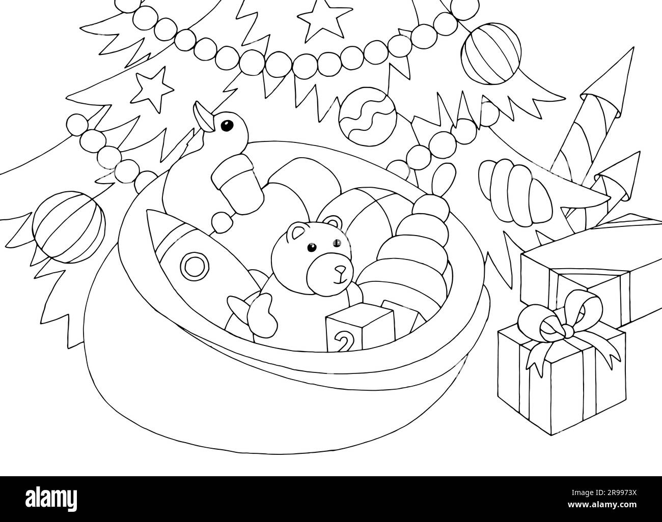 Borsa regalo sotto l'albero di Natale, grafica, nero, bianco, arredamento per Capodanno, disegno isolato, vettore di illustrazione Illustrazione Vettoriale