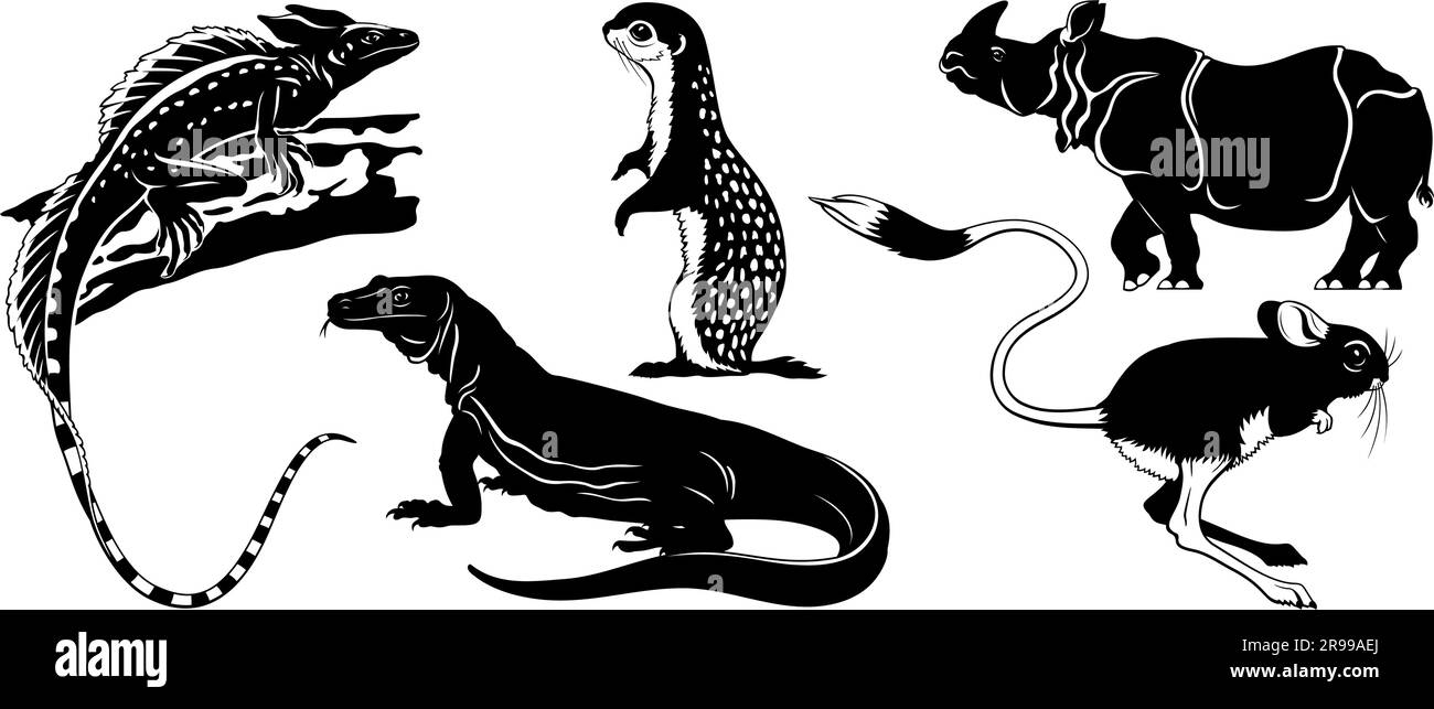 Silhouette di animali isolate su bianco. Basilisk Lizard, Ground Squirrel, Komodo Waran, Jerboa, Rhinoceros. Clipart vettoriali. Illustrazione Vettoriale
