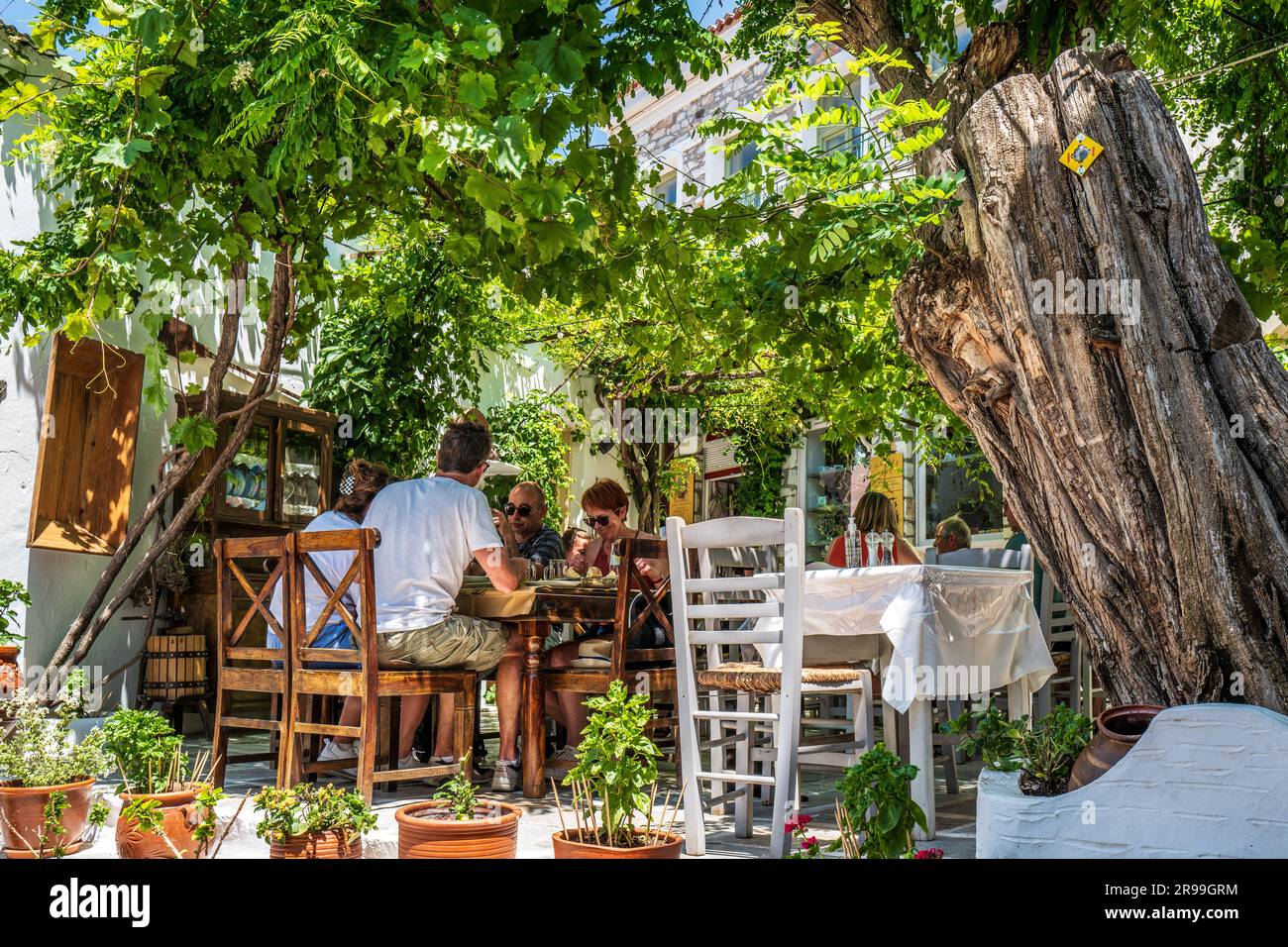 Tradizionale cortile di taverna del villaggio di Halki, un villaggio di montagna a Naxos, Grecia. Cibo greco. Foto Stock