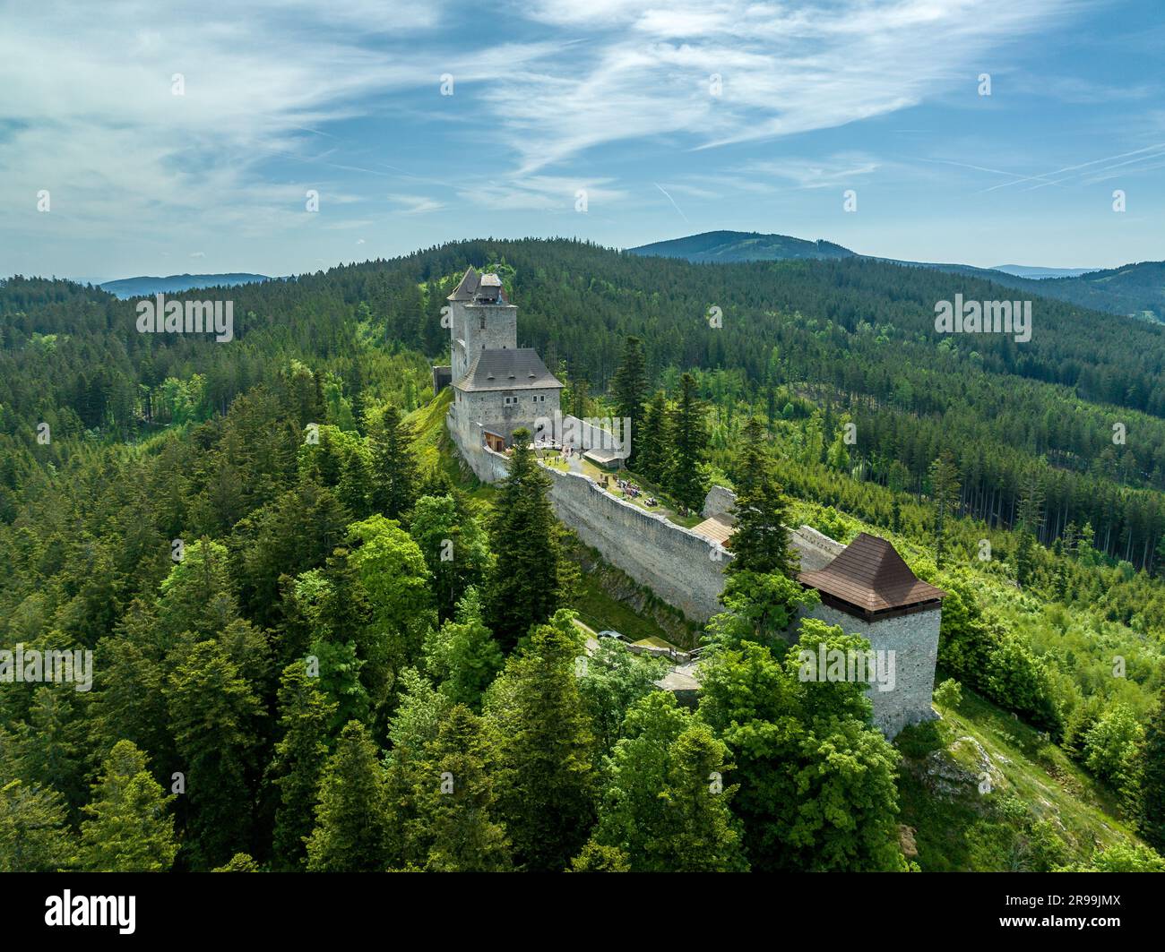 Vista aerea di Kasperk Hrad o del castello di Karlsberg in Cechia. La parte centrale del castello è costituita da due torri residenziali e da un palazzo oblungo Foto Stock