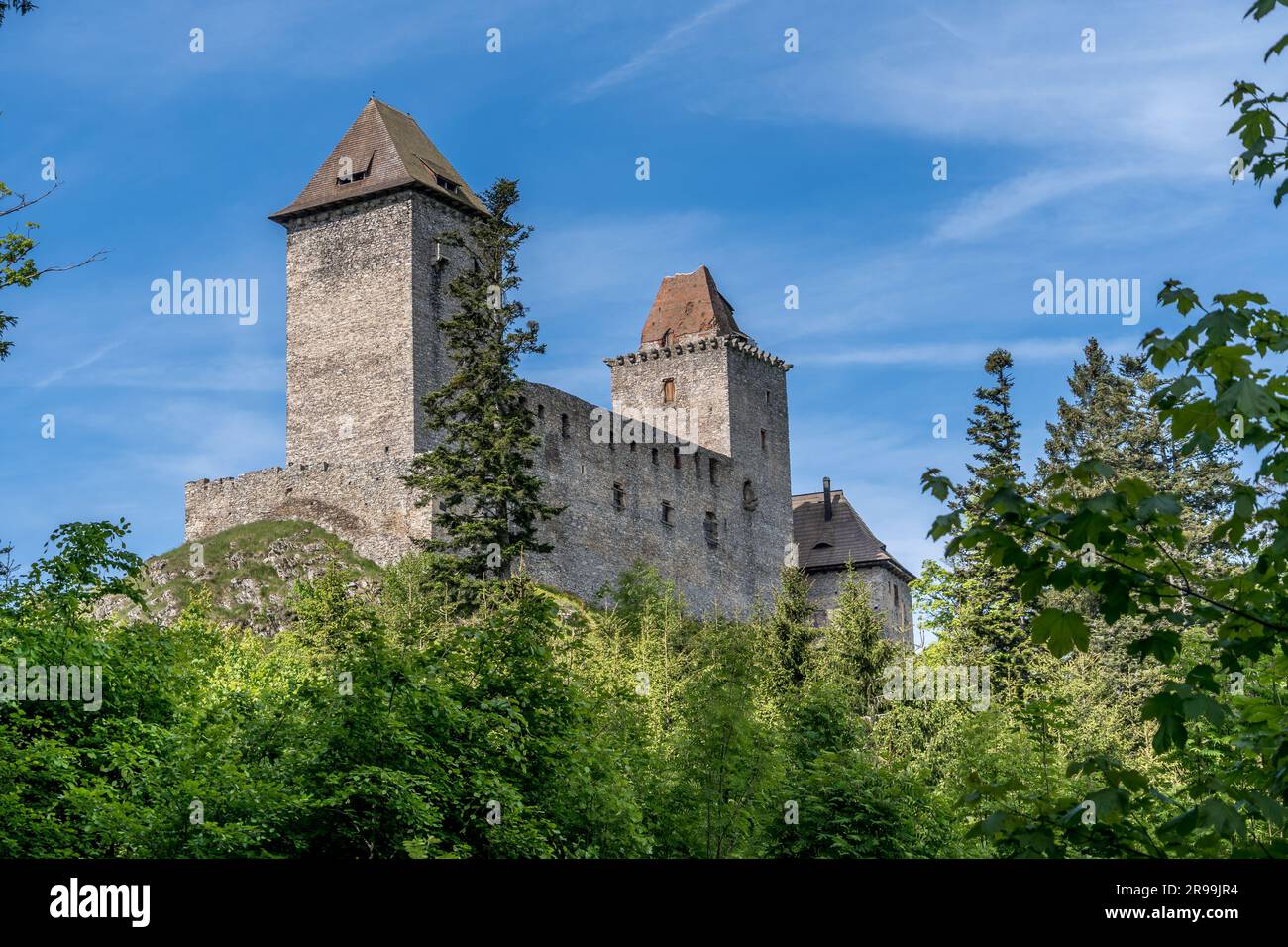 Vista aerea di Kasperk Hrad o del castello di Karlsberg in Cechia. La parte centrale del castello è costituita da due torri residenziali e da un palazzo oblungo Foto Stock