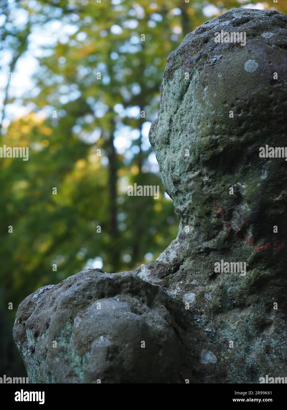 Foto di primo piano della statua distrutta che mostra tutte le sue imperfezioni. Il contrasto tra la bellezza della natura sullo sfondo e la pietra danneggiata. Foto Stock