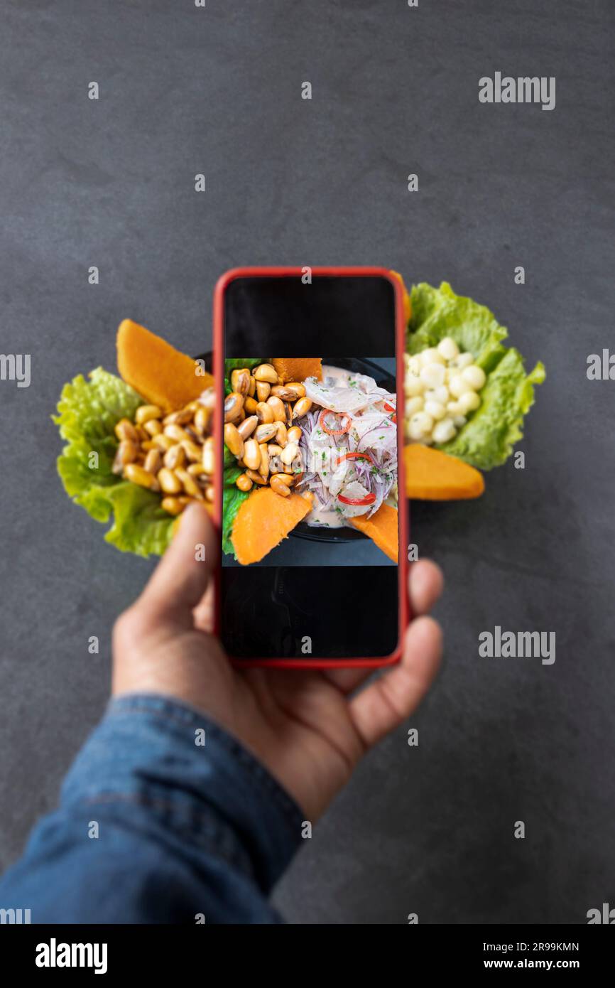 L'uomo scatta una foto sul suo smartphone piatto ceviche peruviano di pesce marinato, blog gastronomico. Foto Stock