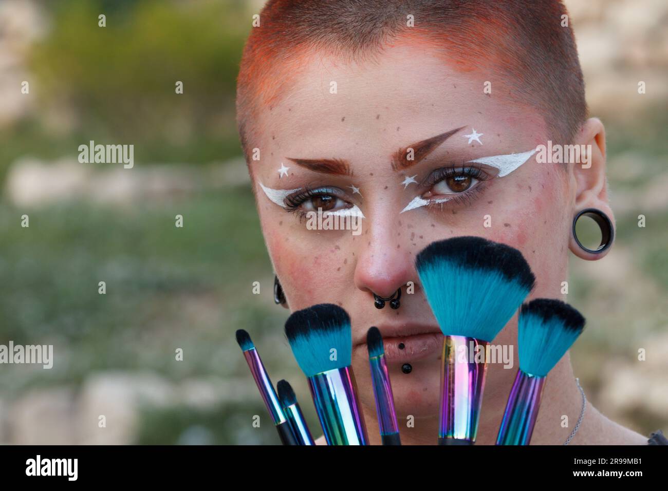 Ritratto facciale di una giovane bella donna con trucco elegante e pennelli colorati che le coprono il viso. Foto Stock