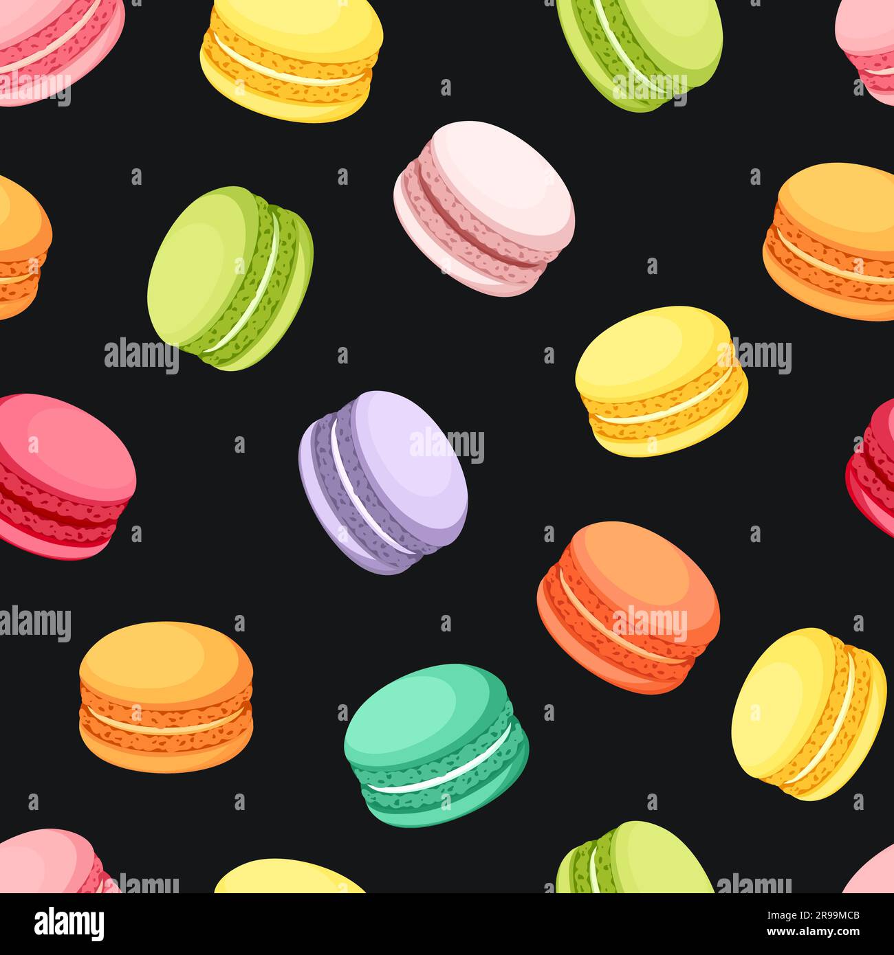 Motivo senza cuciture con biscotti macaron francesi di vari colori su sfondo nero. Illustrazione vettoriale Illustrazione Vettoriale