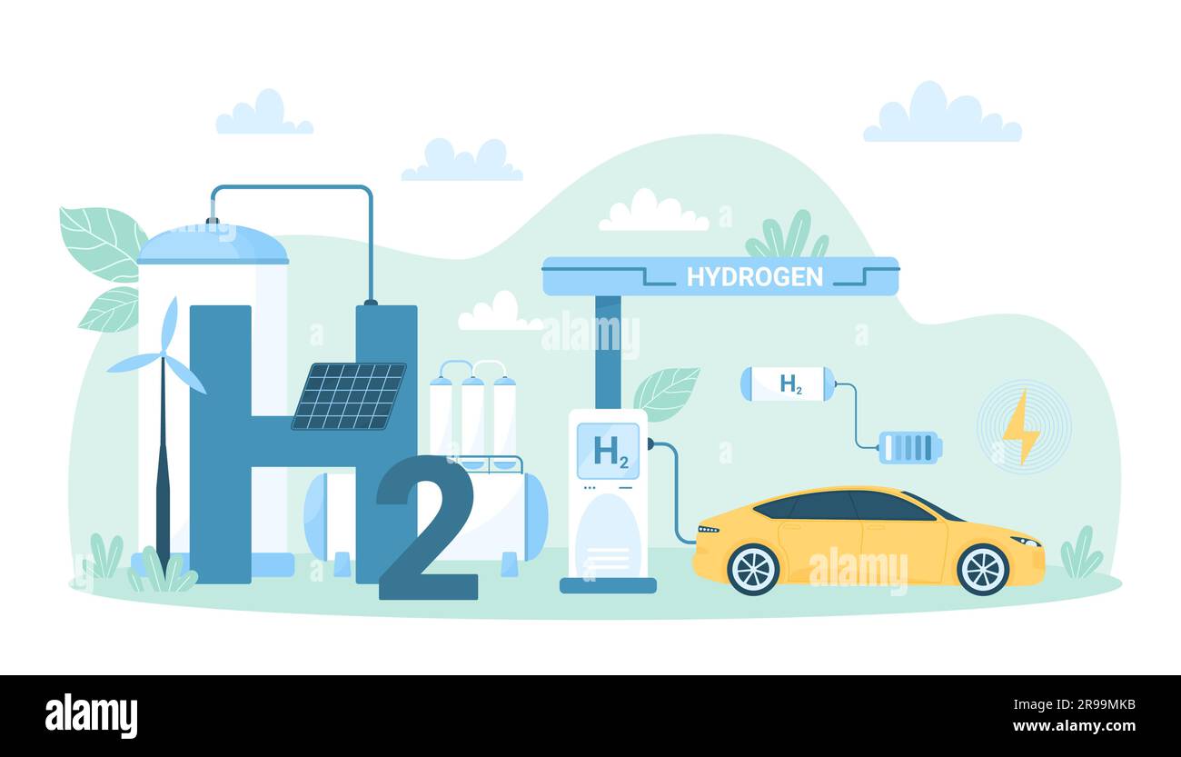 Rifornimento con idrogeno verde di un'auto ecocompatibile in stazione, illustrazione vettoriale infografica industriale. Cartoon Vehicle con H2 o motore ibrido in carica con energia da fonti sostenibili Illustrazione Vettoriale