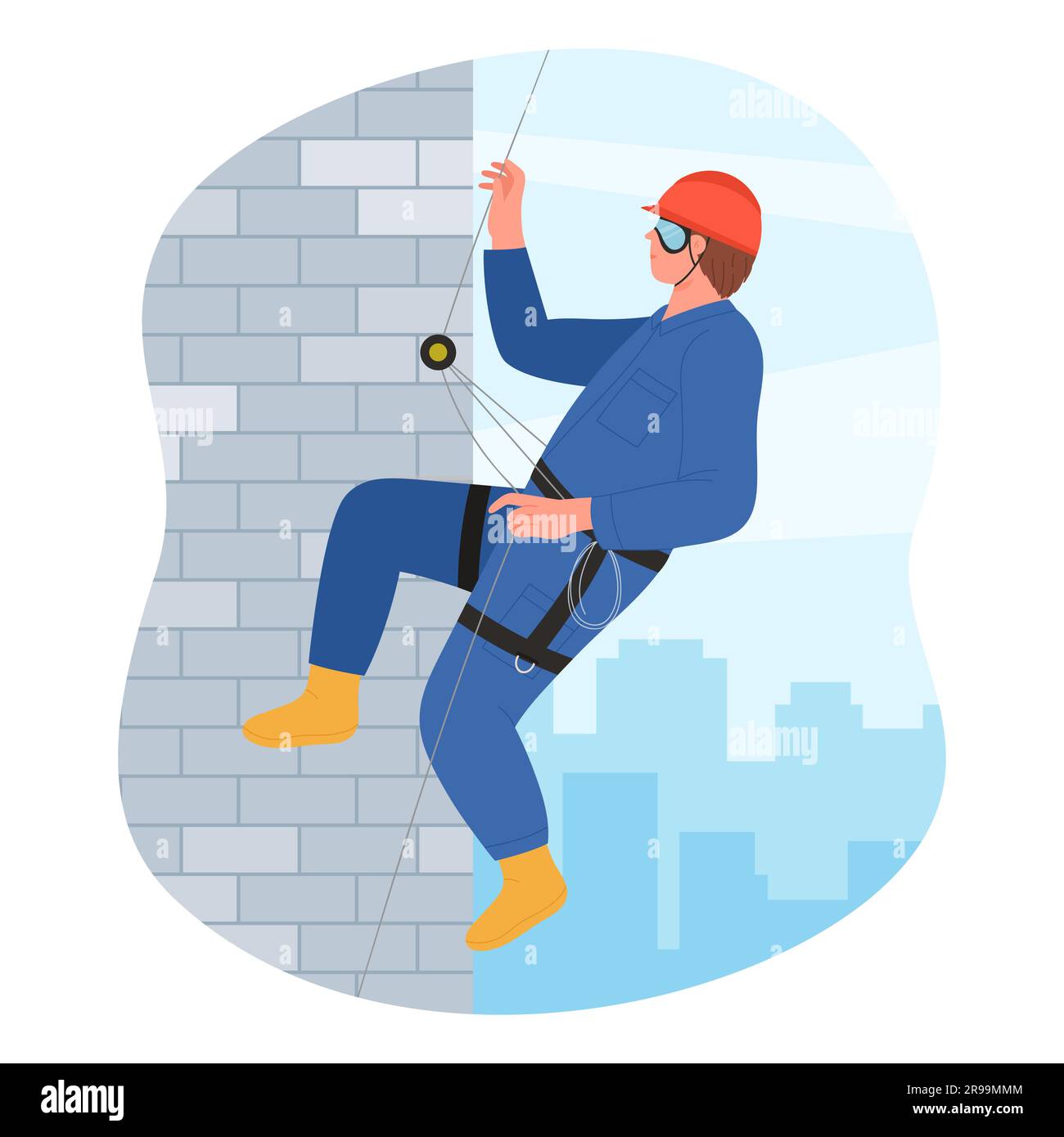 Arrampicatore industriale appeso in alto sulla facciata dell'illustrazione vettoriale di edifici. Cartoni animati lavoro isolato in altezza con un operatore professionista di accesso alle funi in arrampicata su cintura alpinista su pareti di casa Illustrazione Vettoriale