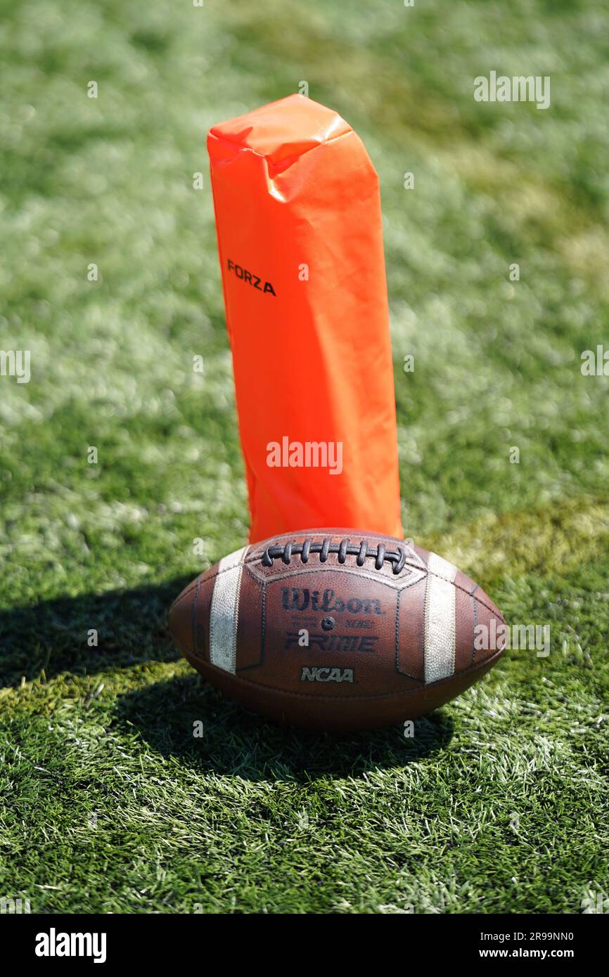 Wilson, palloni da calcio americani accanto a un Orange Corner Pylon su un terreno erboso artificiale Foto Stock
