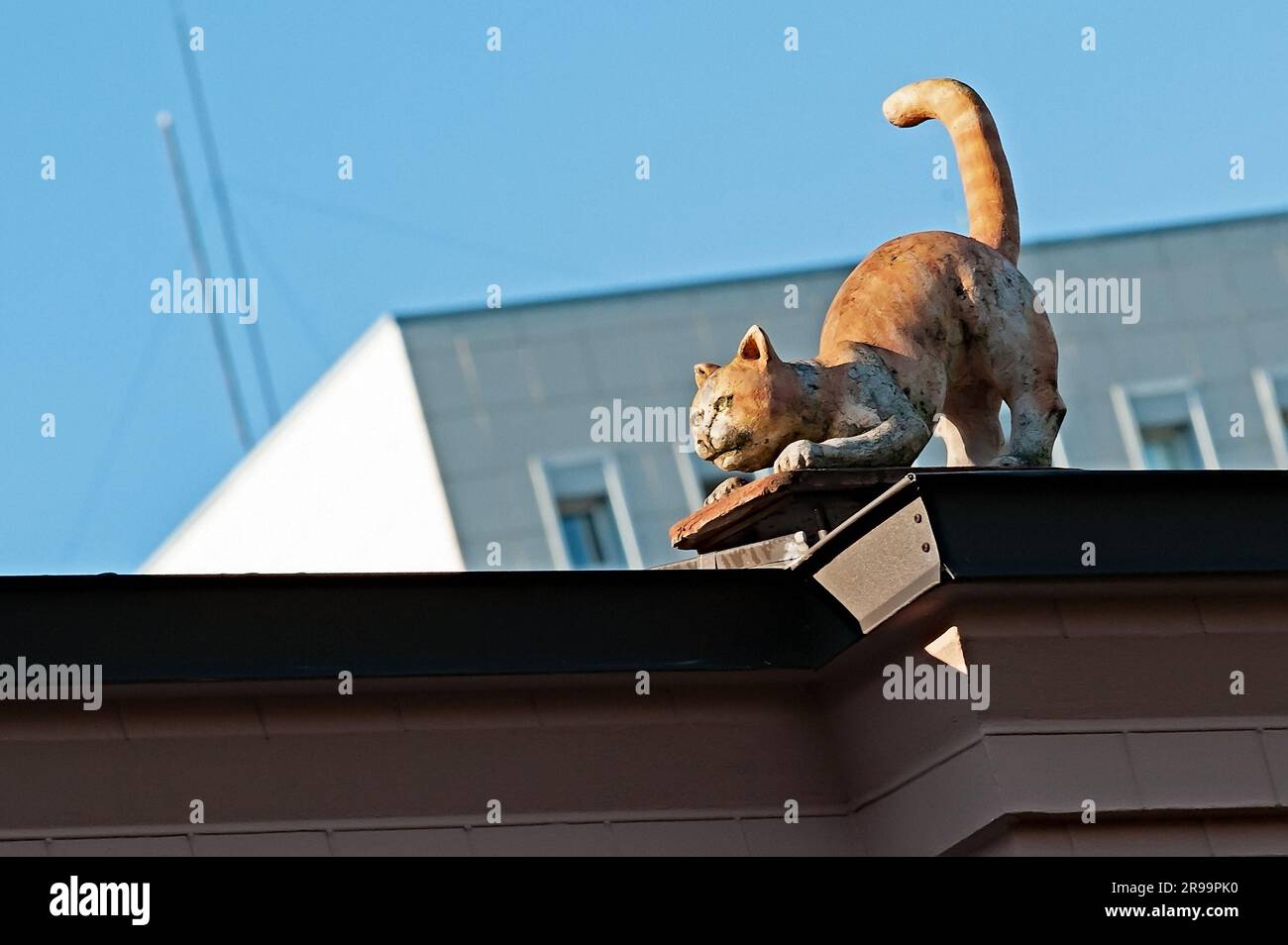 La scultura del gatto zenzero sul tetto della vecchia casa di Kiev, Ucraina Foto Stock