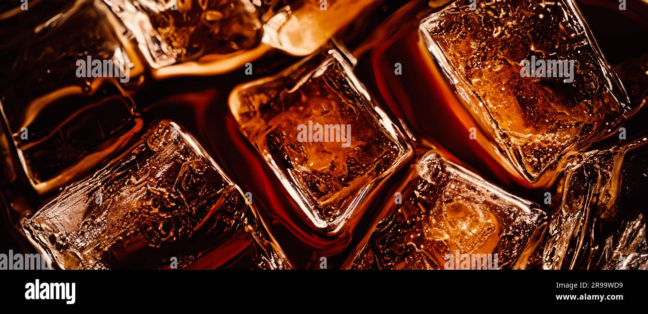 Cola con ghiaccio. Primo piano dei cubetti di ghiaccio nell'acqua cola. Consistenza di bevanda carbonatica con bolle in vetro. Cola soda e schizzi di ghiaccio che fischiano o galleggiano Foto Stock