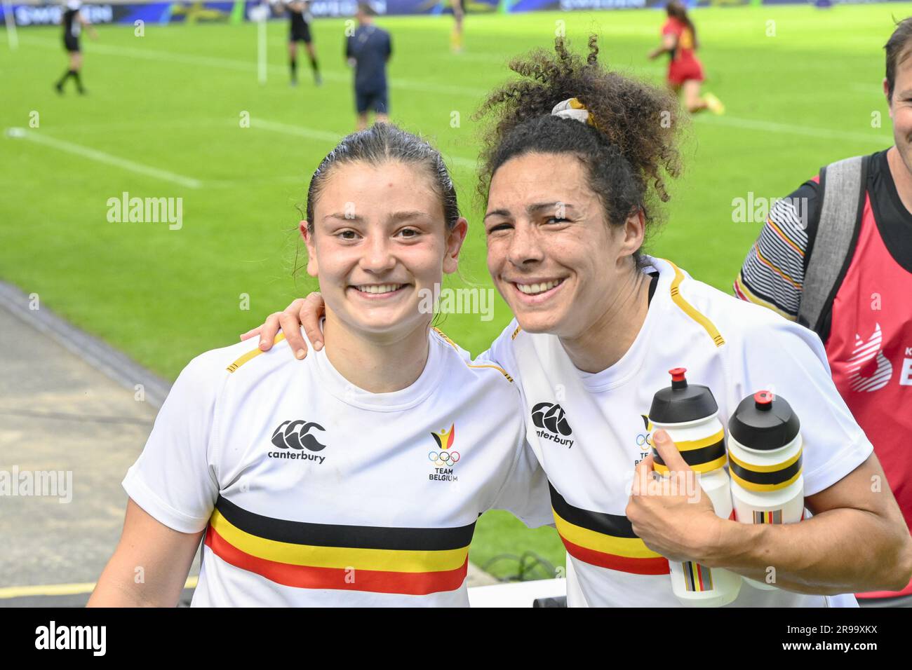 Cracovia, Polonia. 25 giugno 2023. L'immagine mostra la partita di rugby femminile di sevens tra Belgio e Romania il quinto giorno dei Giochi europei di Cracovia, Polonia, domenica 25 giugno 2023. I III Giochi europei, informalmente noti come Cracovia-Malopolska 2023, sono un evento sportivo internazionale in programma che si terrà dal 21 giugno al 02 luglio 2023 a Cracovia e Malopolska, in Polonia. BELGA PHOTO TEAM BELGIUM Credit: Belga News Agency/Alamy Live News Foto Stock