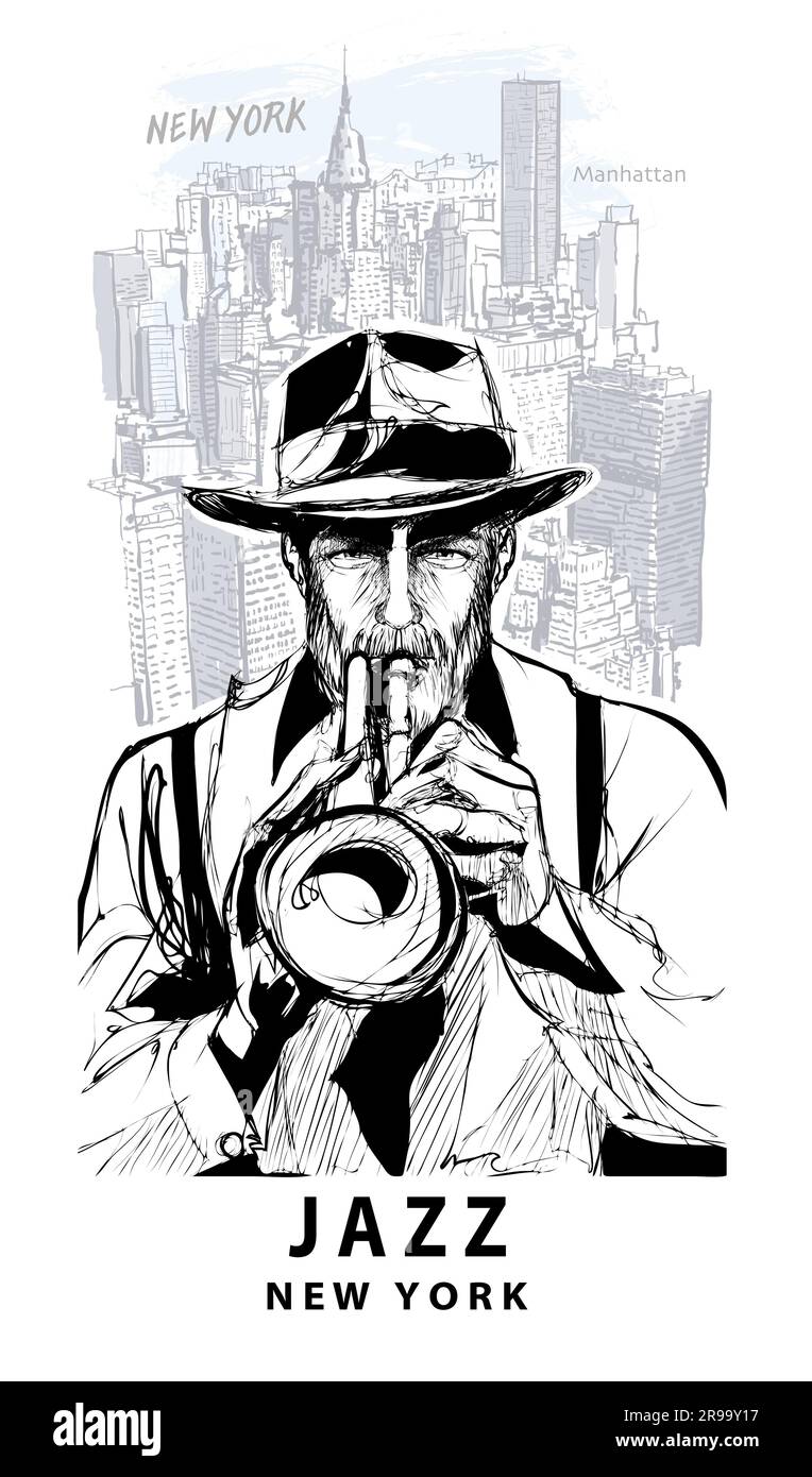 Trombettista di New York - illustrazione vettoriale (ideale per la stampa, poster o carta da parati, decorazione della casa) Illustrazione Vettoriale