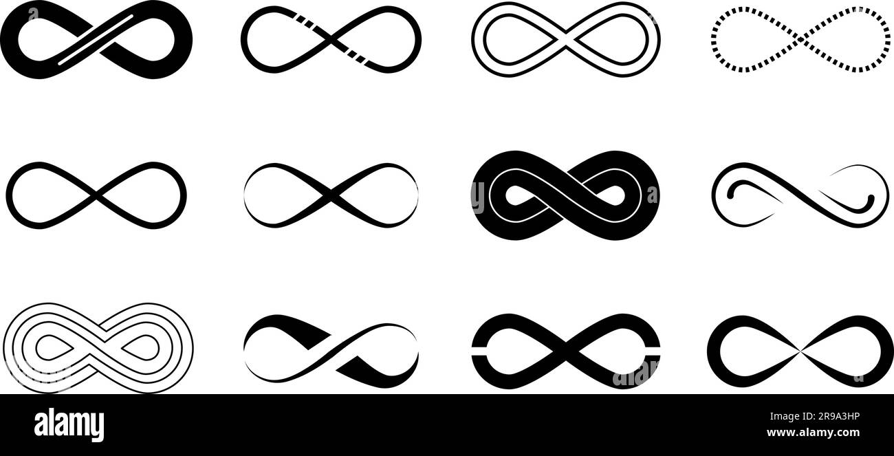Simboli infiniti elementi neri, logo line loop. Infinite icone isolate, design grafico per l'eternità. Segno per sempre, collezione vettoriale decente moebius Illustrazione Vettoriale