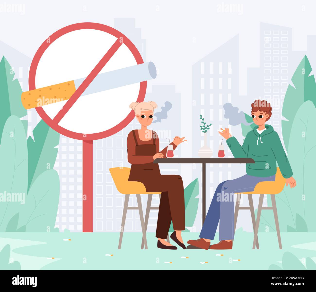 Coppia al bar che fuma sotto il cartello non fumare. Cattiva abitudine o dipendenza, fumatori nello spazio pubblico. Giovani adulti un'educazione terribile, una scena vettoriale Illustrazione Vettoriale
