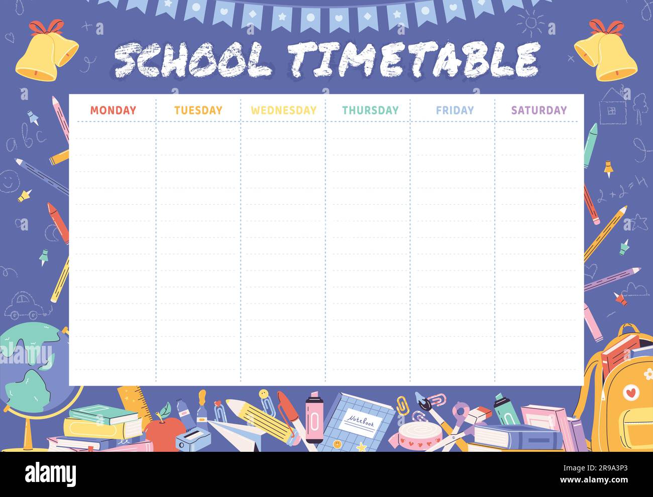 Programma scuola, modello programma settimana studente. Pianificatore di giorni per le lezioni al college. Gestione del tempo, strumenti didattici perfettamente grafici vettoriali Illustrazione Vettoriale
