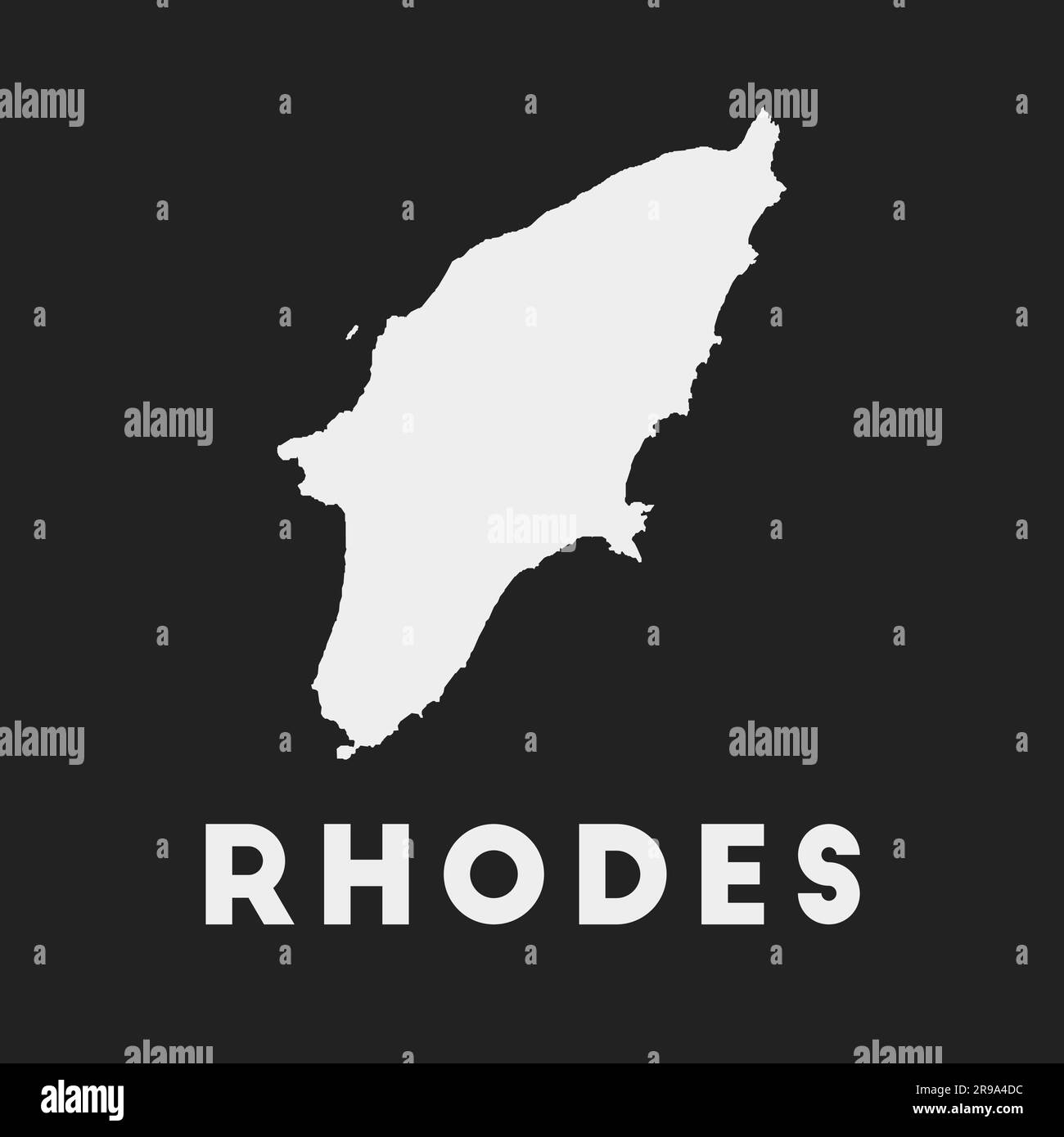 Icona di Rhodes. Mappa dell'isola su sfondo scuro. Elegante mappa di Rodi con il nome dell'isola. Illustrazione vettoriale. Illustrazione Vettoriale