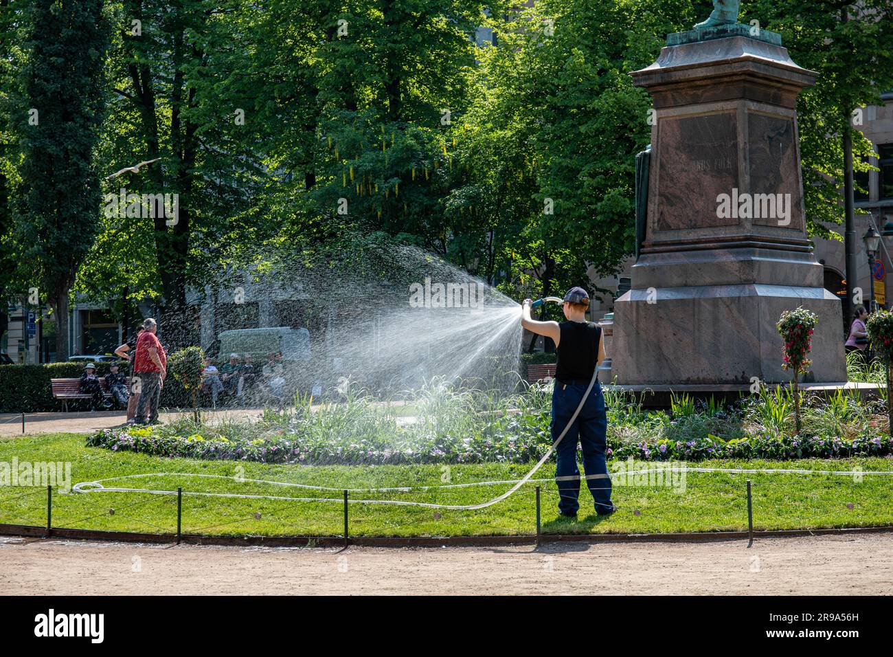 Il lavoratore addetto alla manutenzione del parco annaffiava erba e piante in una soleggiata giornata estiva all'Esplanade Park di Helsinki, Finlandia Foto Stock